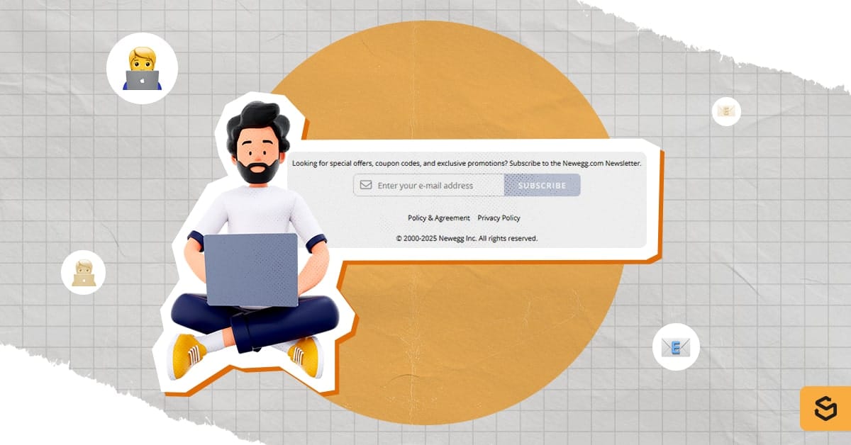 Une personne utilise un ordinateur portable sur lequel s'affiche une capture d'écran de la rubrique « Newsletter » du site Newegg.