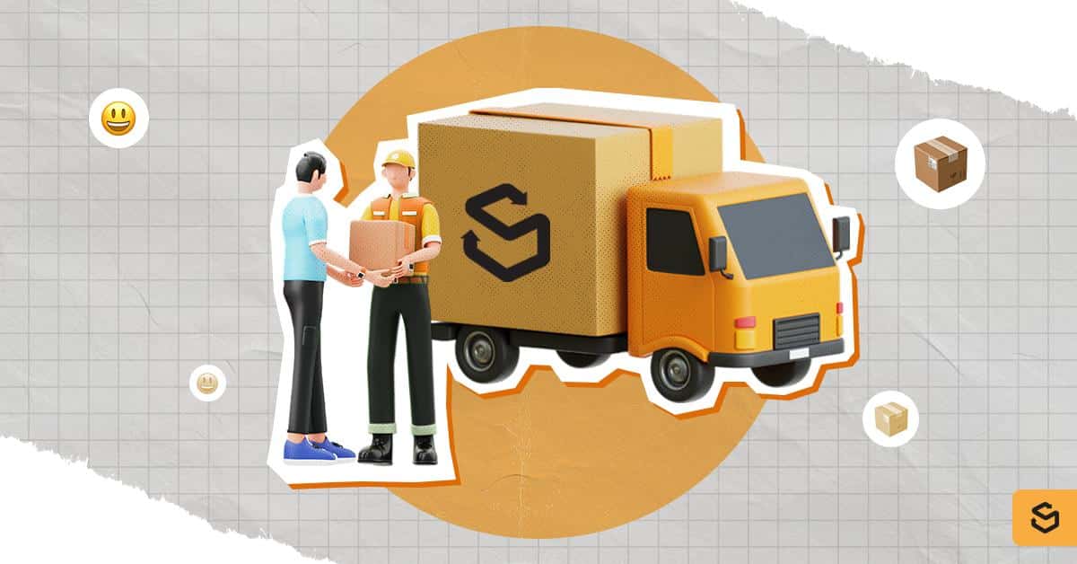 A person receiving a package from a delivery man with a Shippsy truck in the background