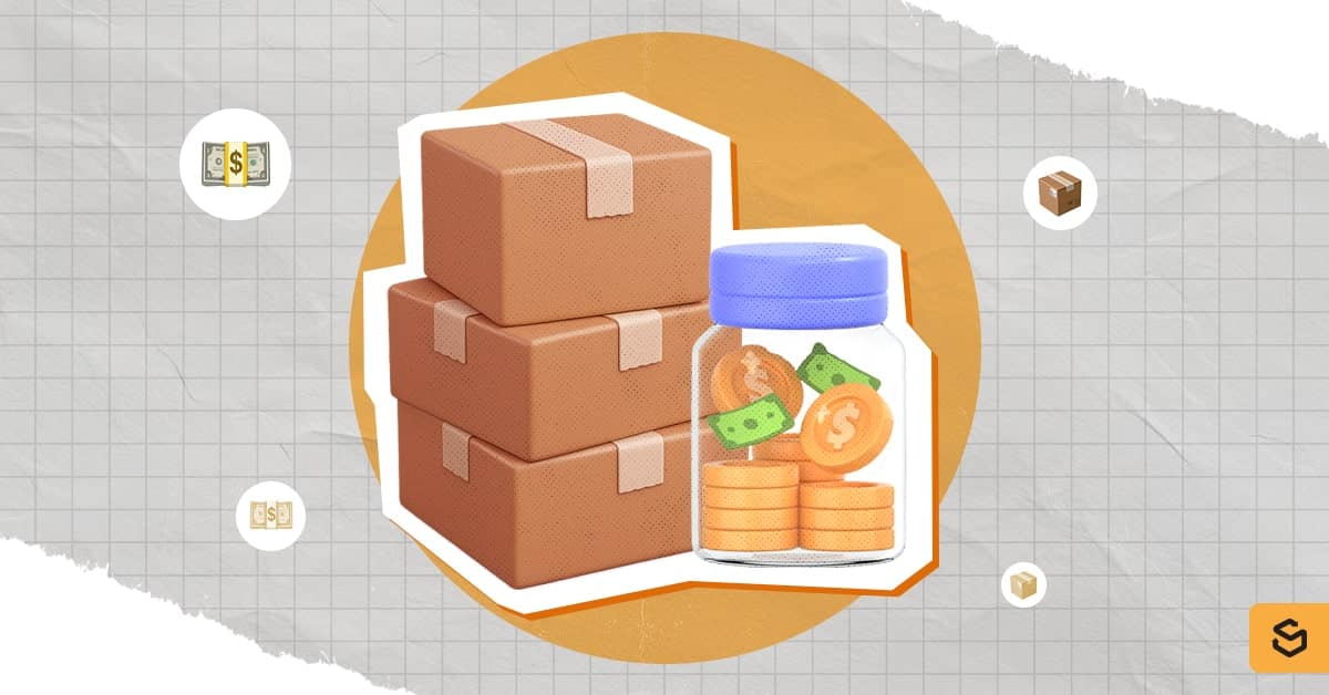A stack of packages and a jar of coins.