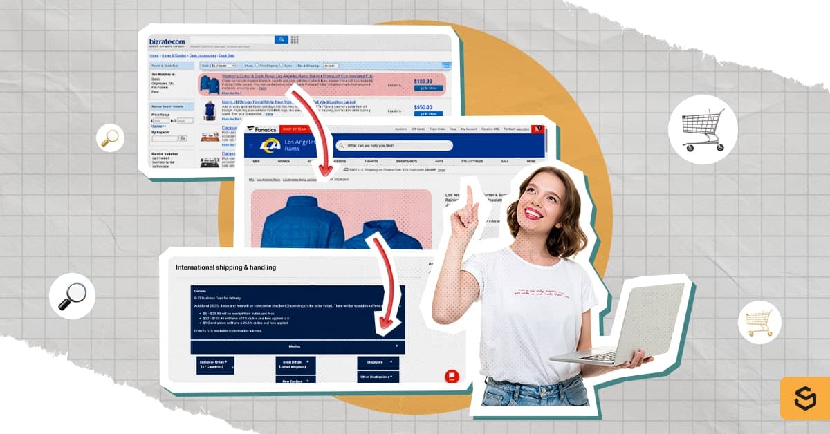 A woman is holding a laptop with the steps in looking for the shipping policies.