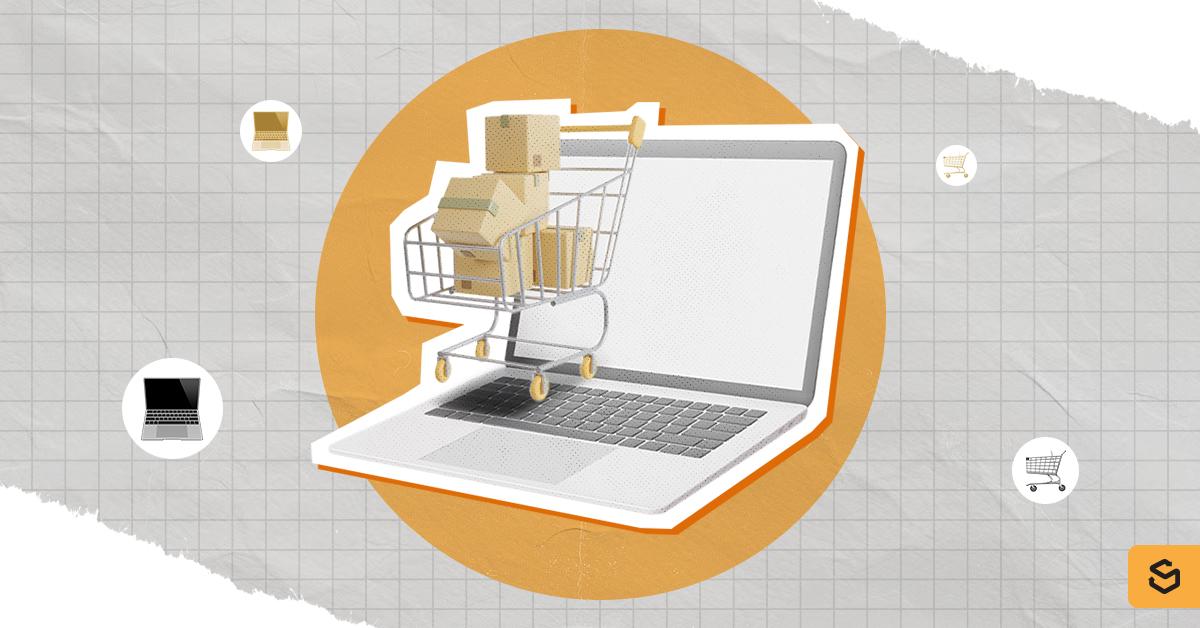 An image of a laptop with a small shopping cart and packages above it