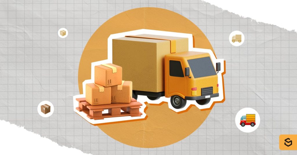 A yellow delivery van with brown boxes on its left side