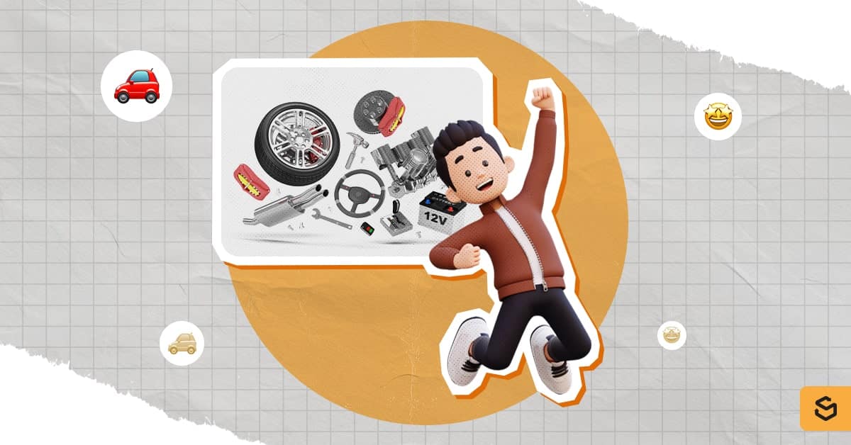 A 3D-rendered man jumping with an image of auto parts behind him