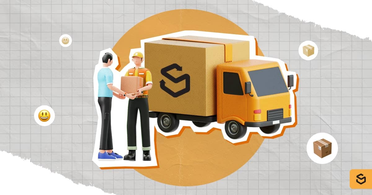 A delivery man is handing a package to the customer with the Shippsy truck behind them