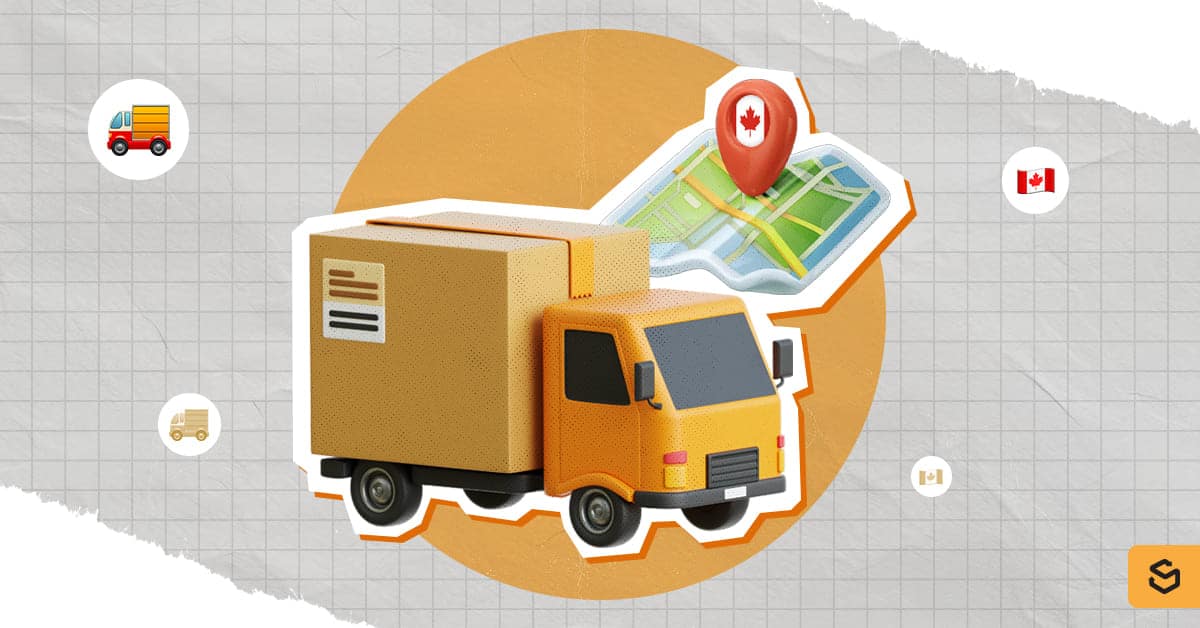 A delivery truck and a map with a Canada pin