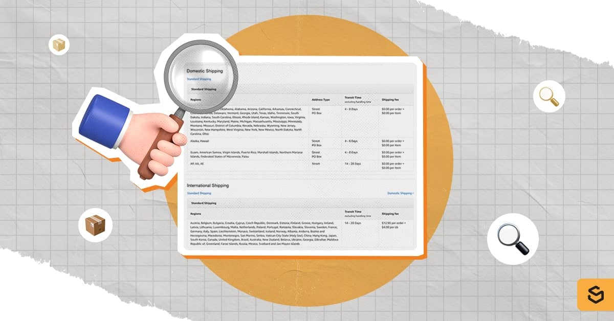 A hand holding a magnifying glass checking the retailer's shipping policies