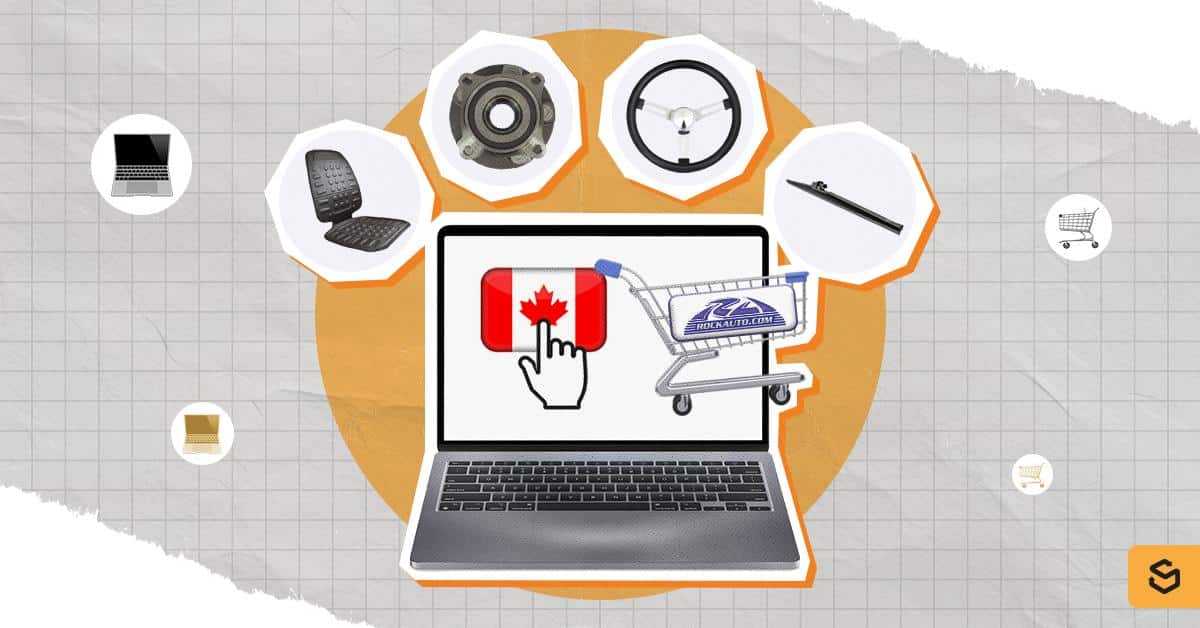 A laptop with a shopping cart and RockAuto items around it