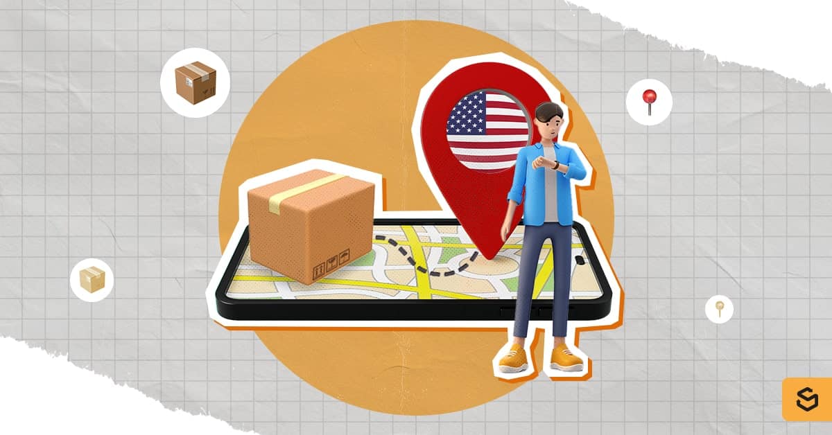 A phone lying down with a box and a US location pin on top of it