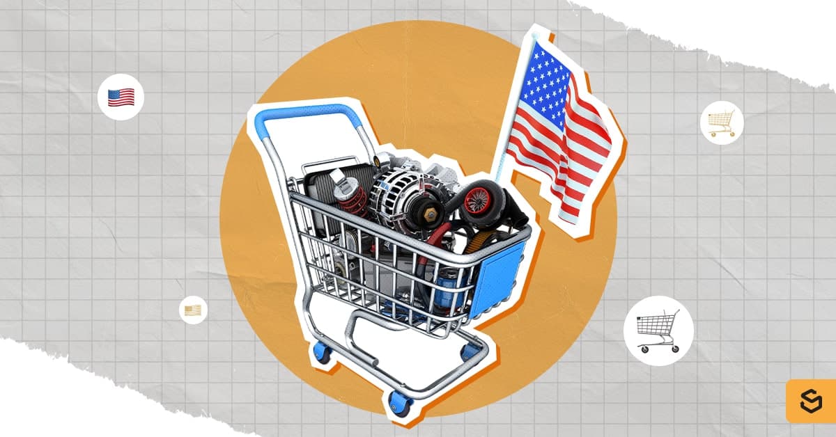 A shopping cart full of auto parts with the US flag on top