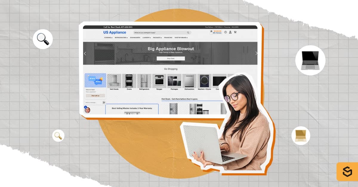 A woman is holding a laptop showing the US Appliance homepage