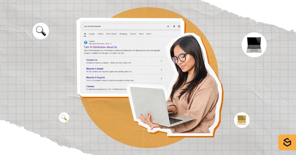 A woman is holding a laptop with the Turn 14 Distribution results page behind her