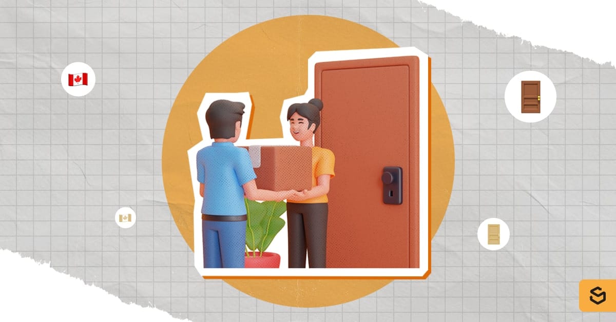 A woman is receiving a package from the delivery man