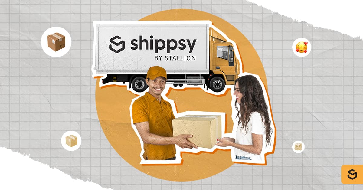 A woman receiving a package from a delivery man with a Shippsy truck behind them