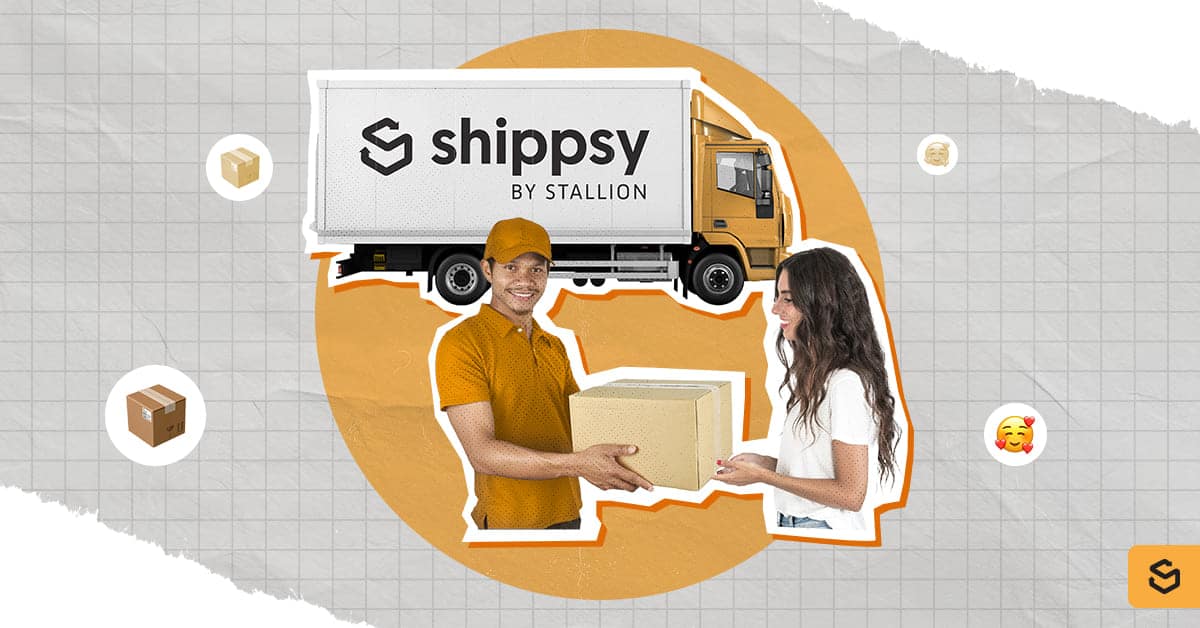 An image of a woman receiving a package and a Shippsy truck behind