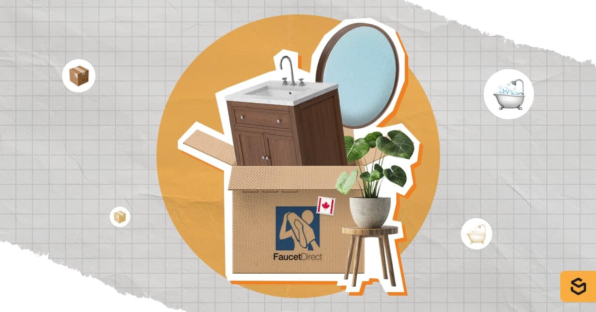 Bathroom vanity items inside the box with Faucet Direct US's logo