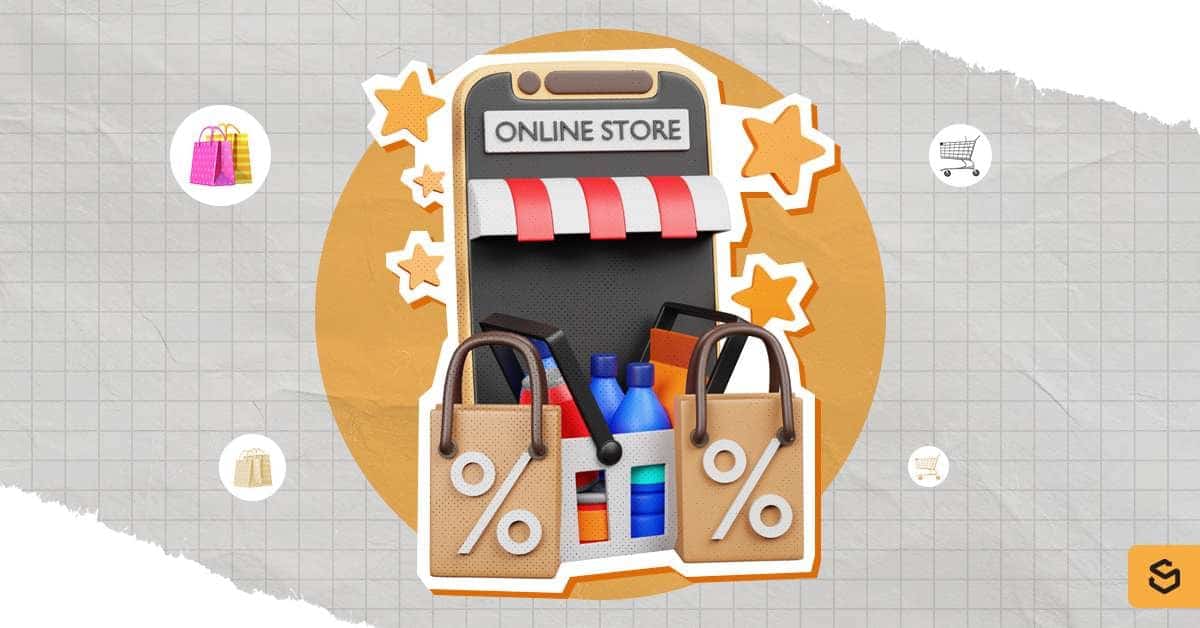 Online store on a phone and shopping bags.