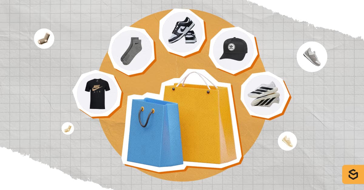 Shopping bags and shoes, socks, a T-shirt, and a cap above them