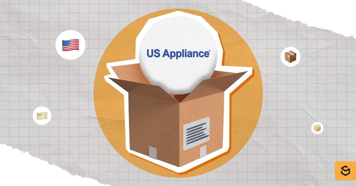 The US Appliance logo coming out of a box