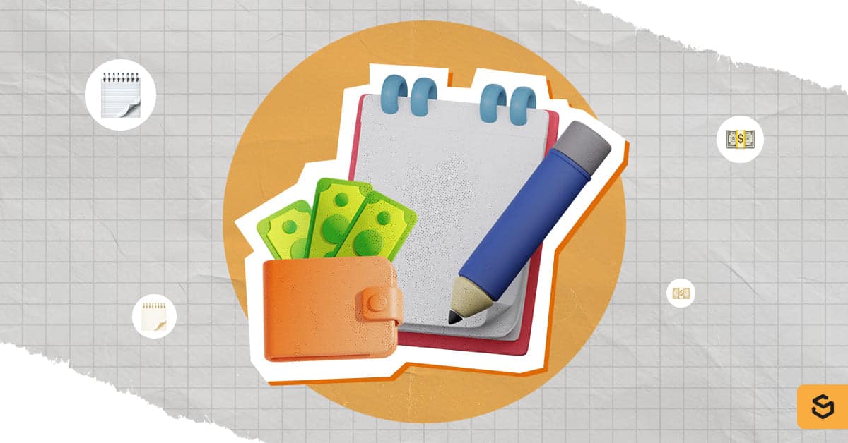 Un crayon, un cahier et un portefeuille contenant de l'argent liquide