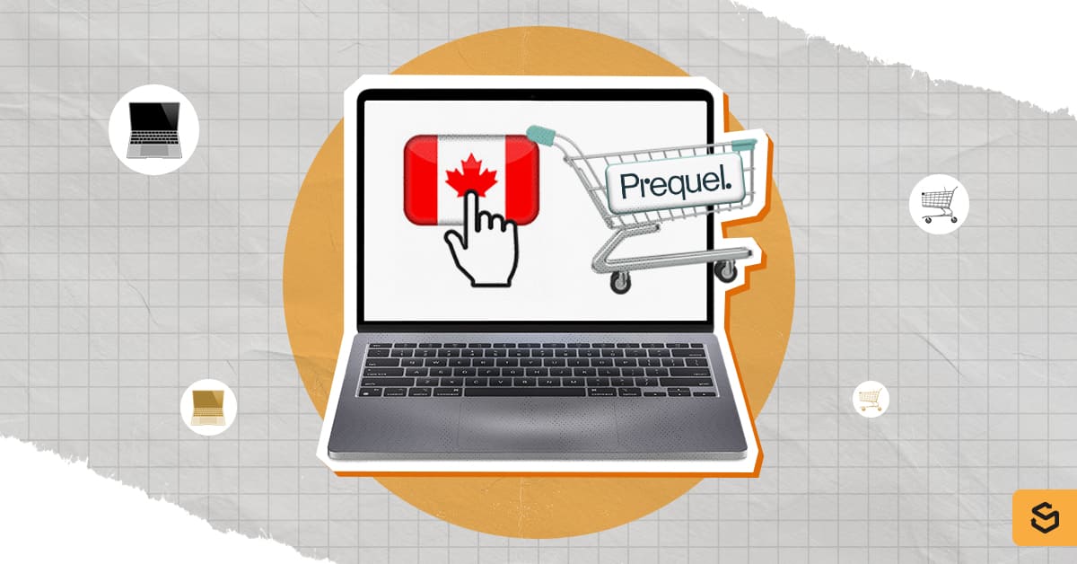Un ordinateur portable avec un panier d'achat Prequel et le drapeau canadien à l'écran