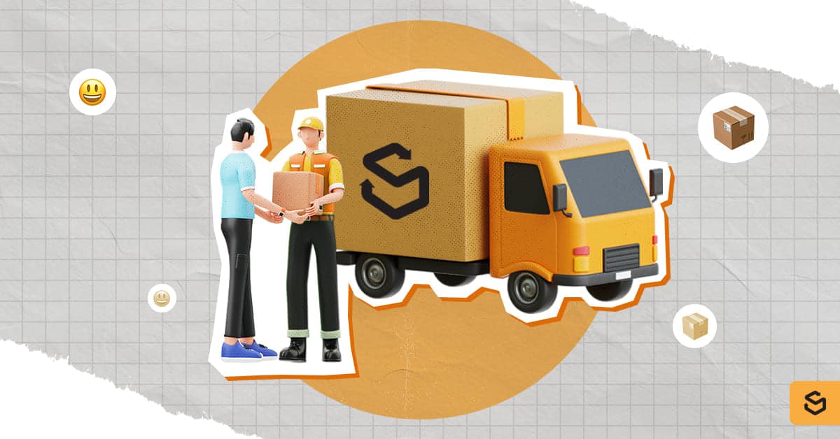 A Shippsy truck and a man receiving a package from a deliveryman