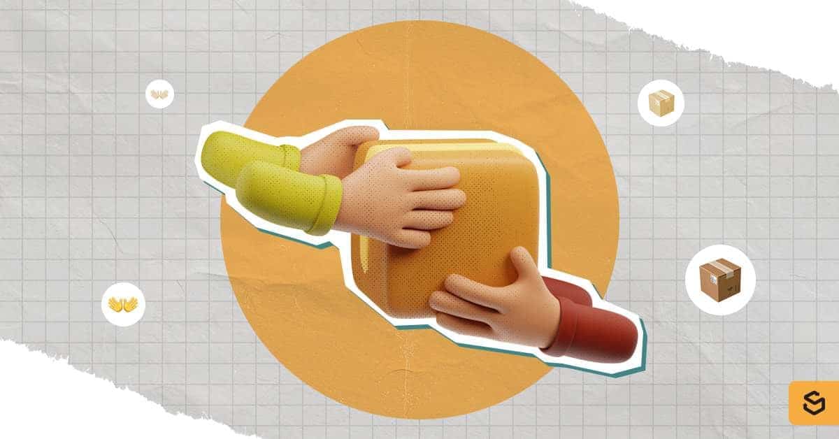 An element of a hand handing a box to another.