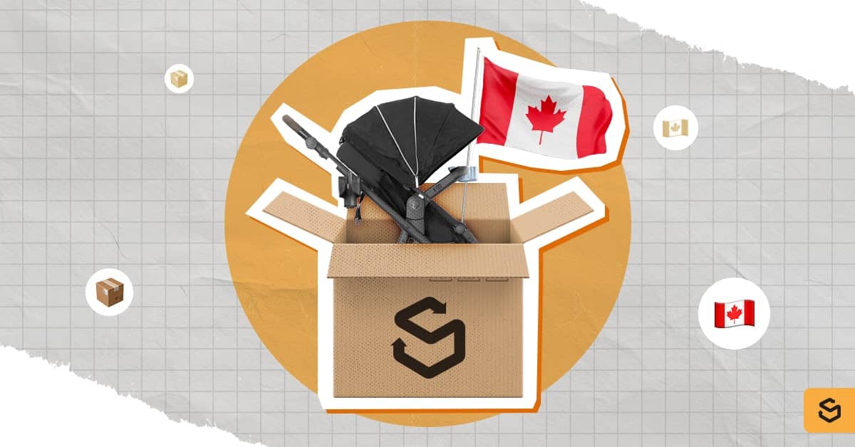 Evenflo stroller and the Canadian flag inside a box with the Shippsy logo