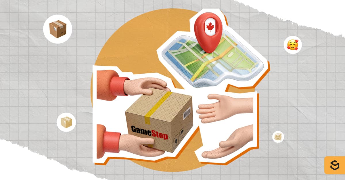 Hands receiving a GameStop package and a map with Canada pin behind
