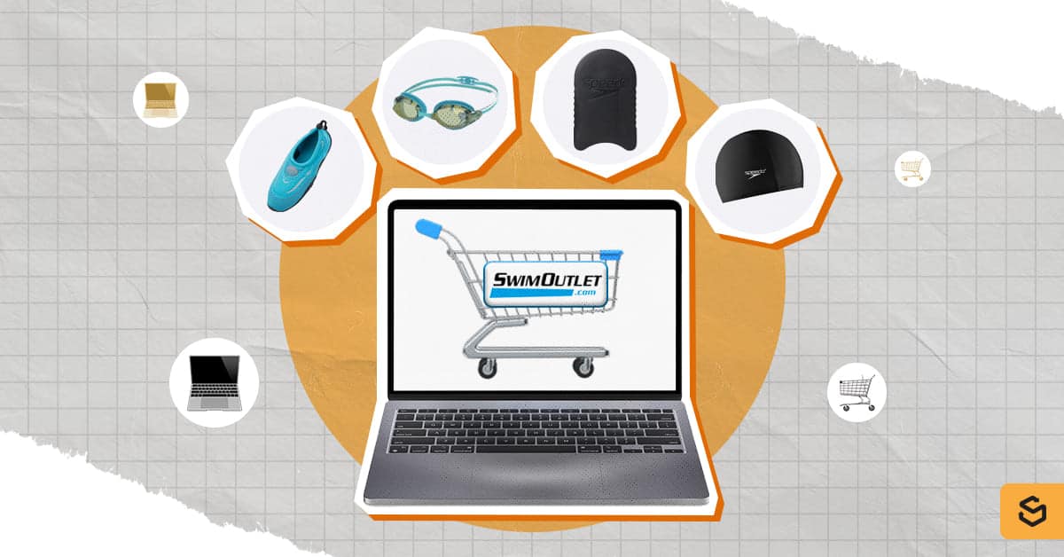 SwimOutlet items above a laptop and a shopping cart on the screen