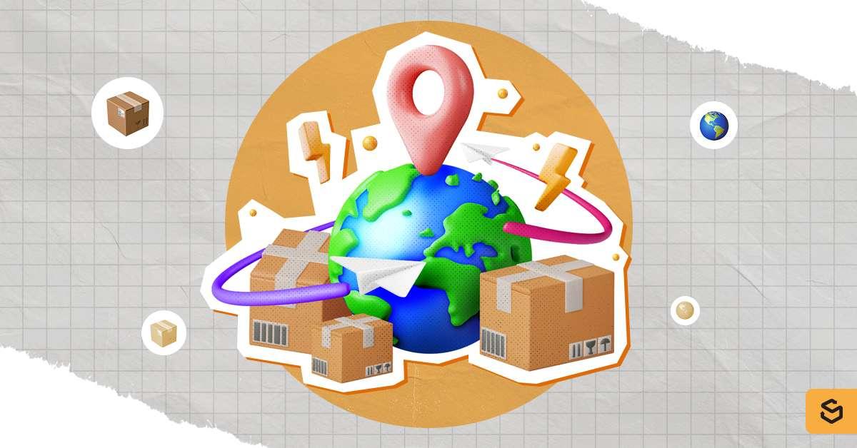 A globe with a location on top of it, while surrounded with brown boxes
