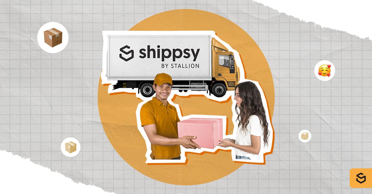 A Shippsy truck and a woman receiving a pink package from a delivery man