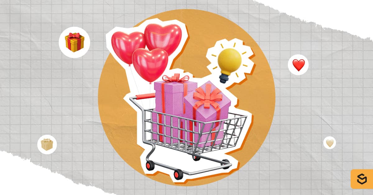 A shopping cart with pink gift boxes and heart balloons