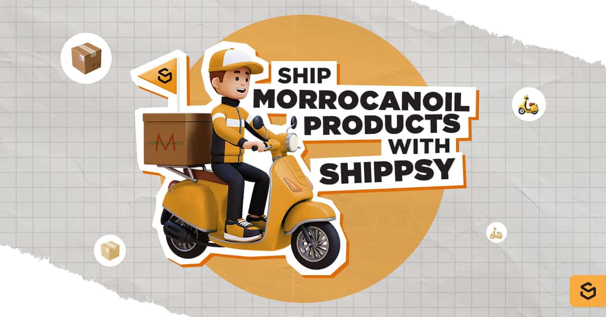 Un chauffeur Shippsy animé en 3D livrant des produits Moroccanoil, accompagné du texte « LIVREZ LES PRODUITS MOROCCANOIL AVEC SHIPPSY »