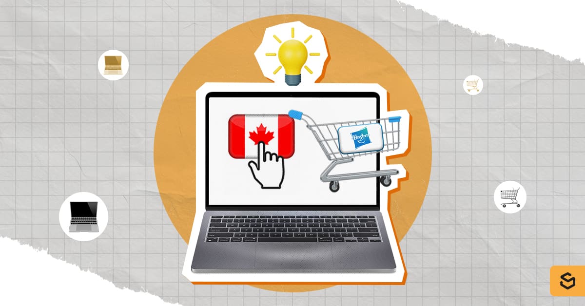 A Hasbro shopping cart and Canada flag and cursor on a laptop screen