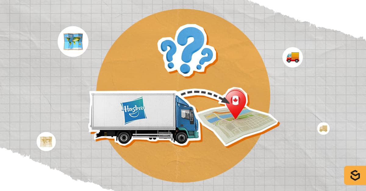 Un camion Hasbro et une carte avec un pin's du Canada