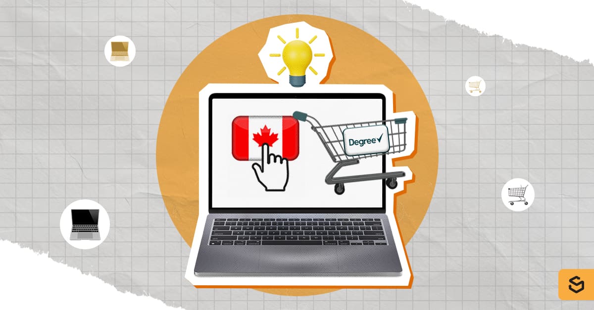 A laptop with the Canada flag and Degree shopping cart on the screen