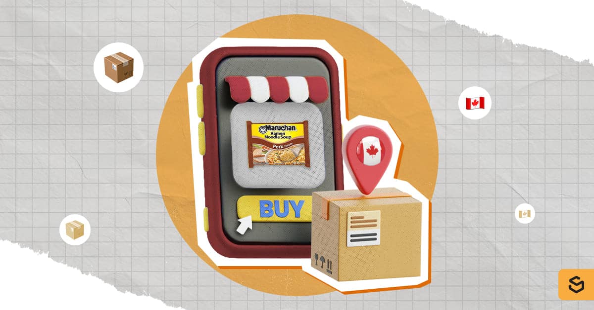 A package with Canada pin and a phone with Maruchan ramen on the screen