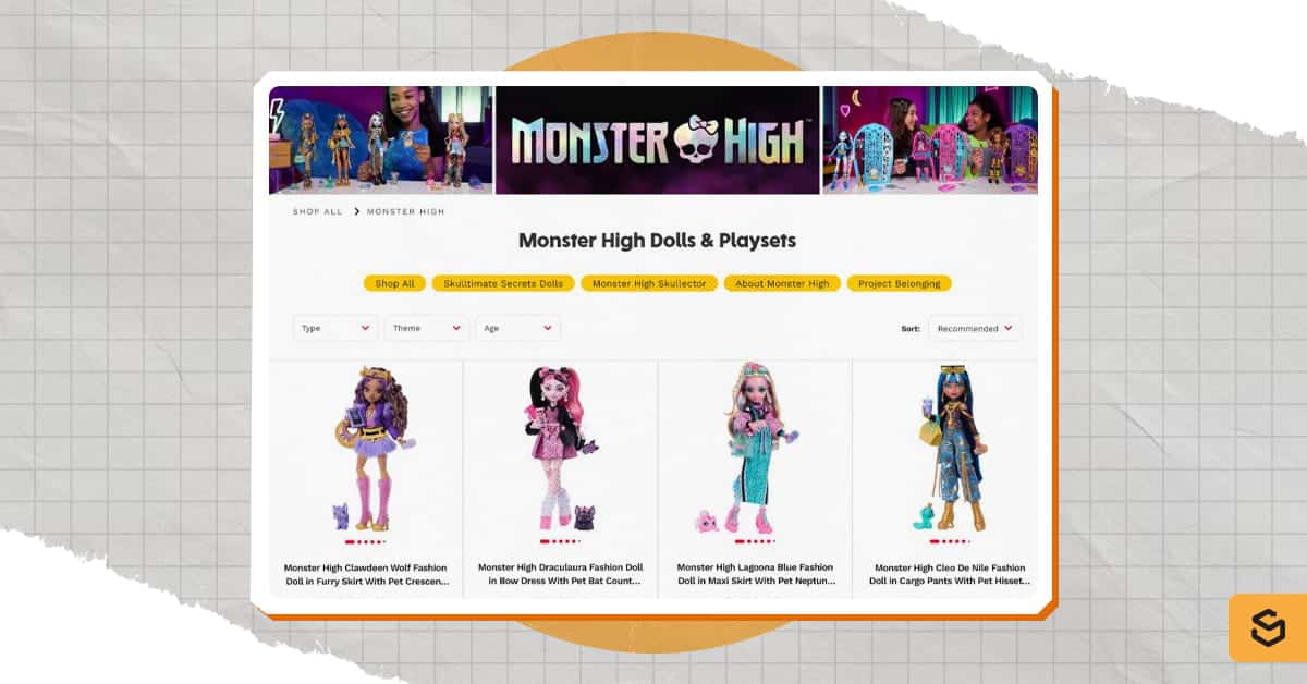 A screenshot of Mattel's Monster High service page