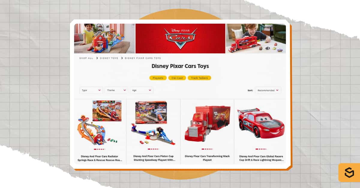 A screenshot of Mattel's Pixar Cars service page