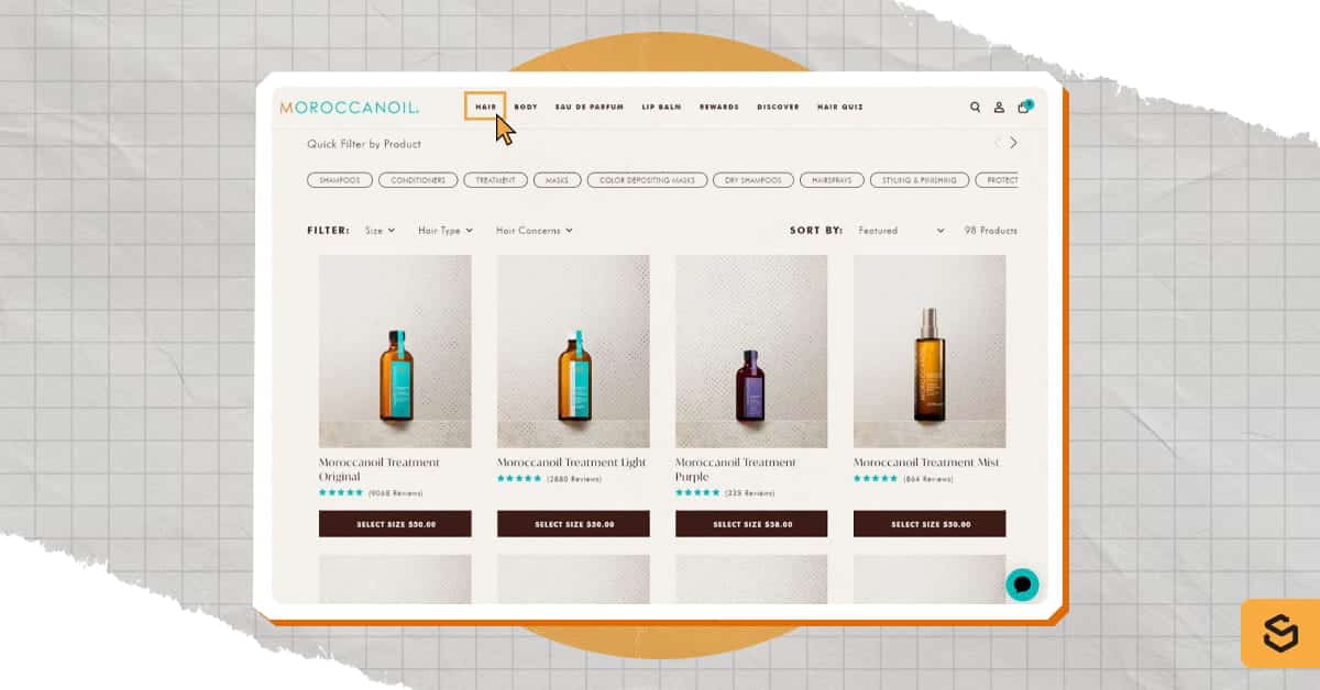 Une capture d'écran de la page présentant les produits de soins capillaires de Moroccanoil