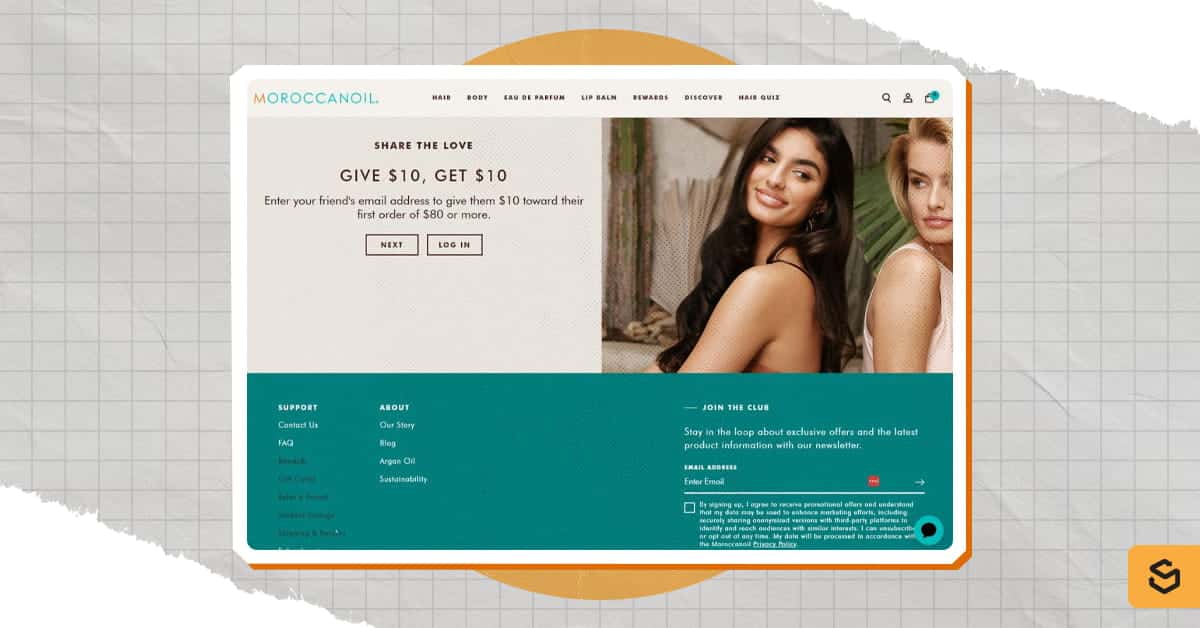 Une capture d'écran de la rubrique « Parrainez un ami » du site de Moroccanoil
