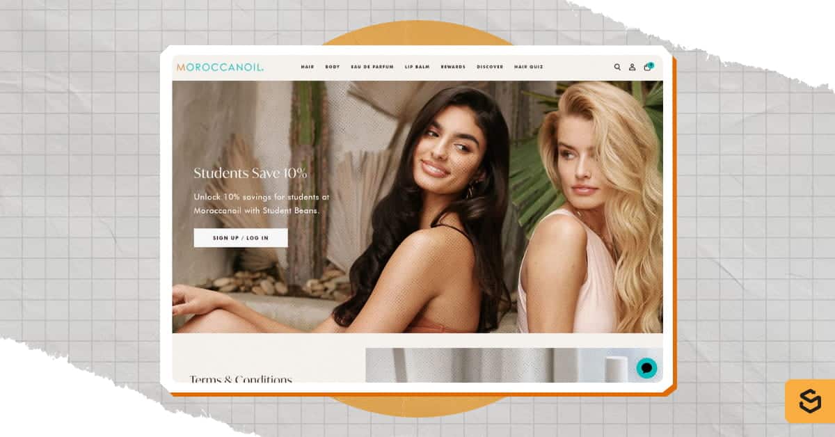 Une capture d'écran de la page « Réductions pour les étudiants » de Moroccanoil