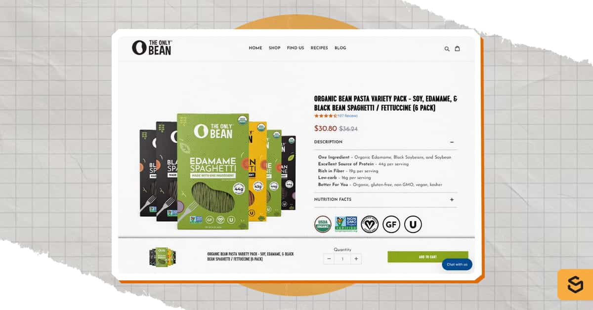A screenshot of The Only Bean's pasta products