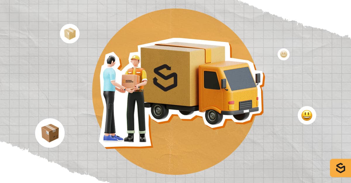 A Shippsy truck and a man receiving a National Geographic package from a deliveryman