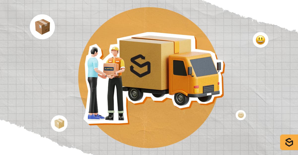 A Shippsy truck and a person receiving a Planters package from a deliveryman