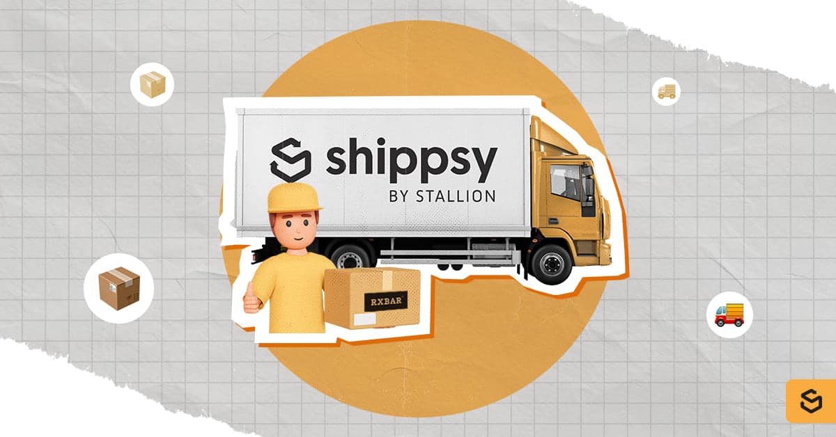 A Shippsy truck and delivery man holding an RXBAR package