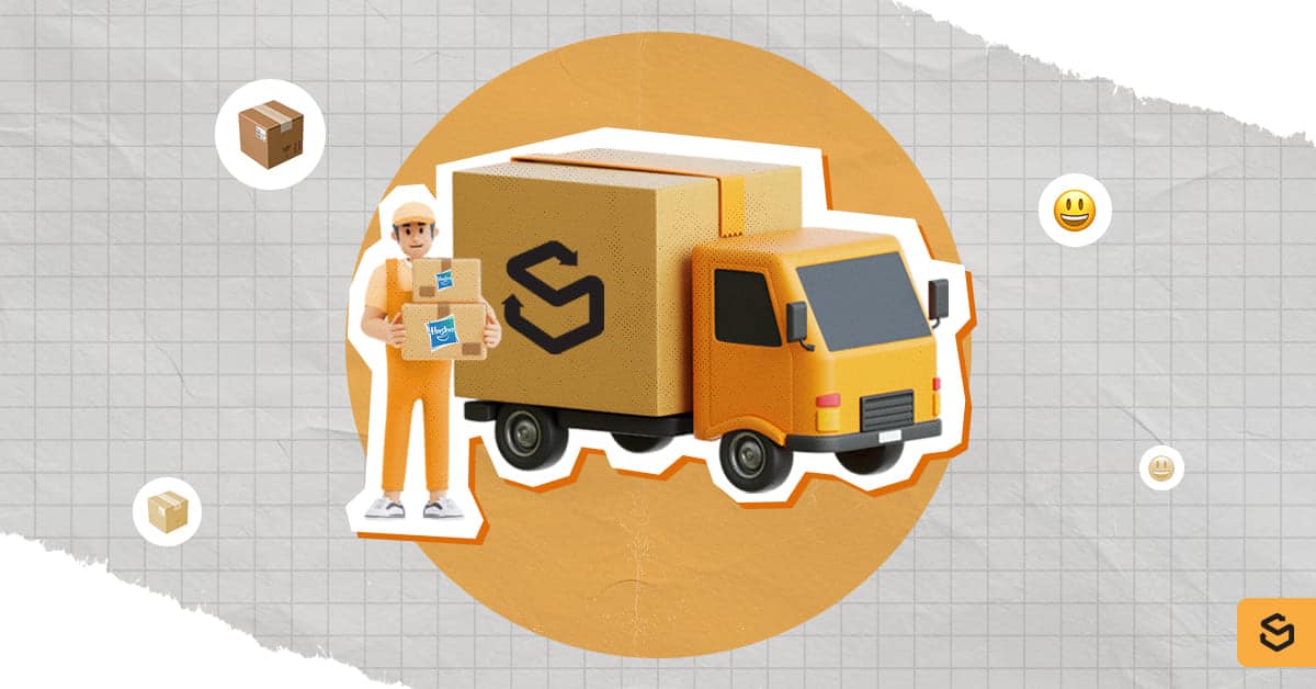 A Shippsy truck and deliveryman holding Hasbro packages