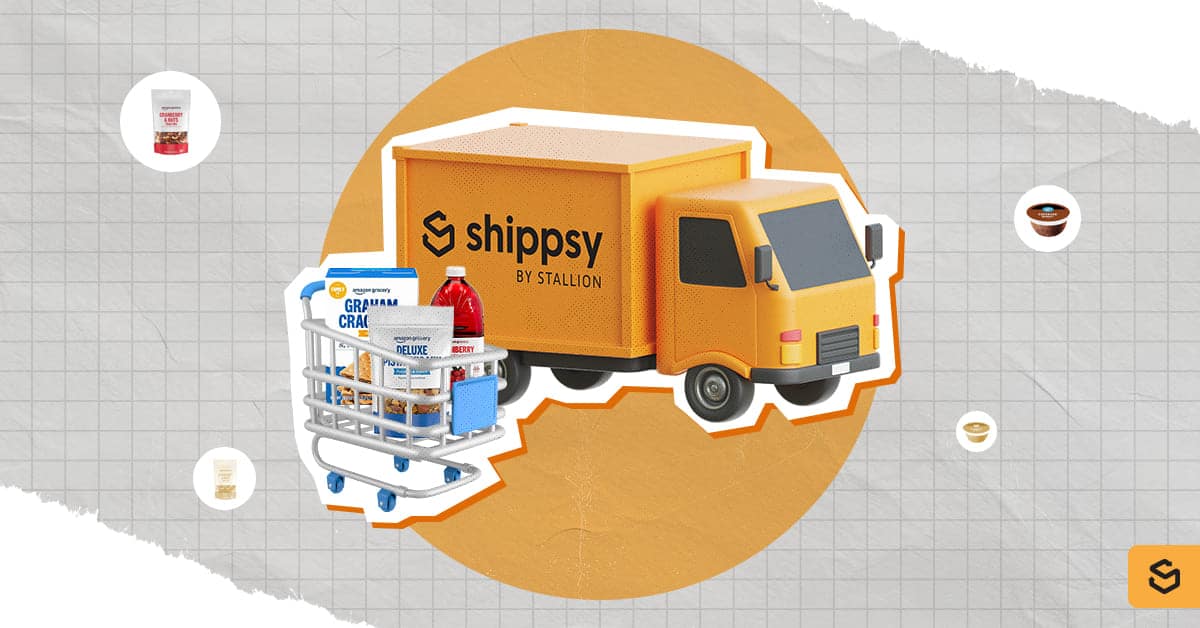 Un camion Shippsy et un chariot de supermarché remplis de produits Happy Belly