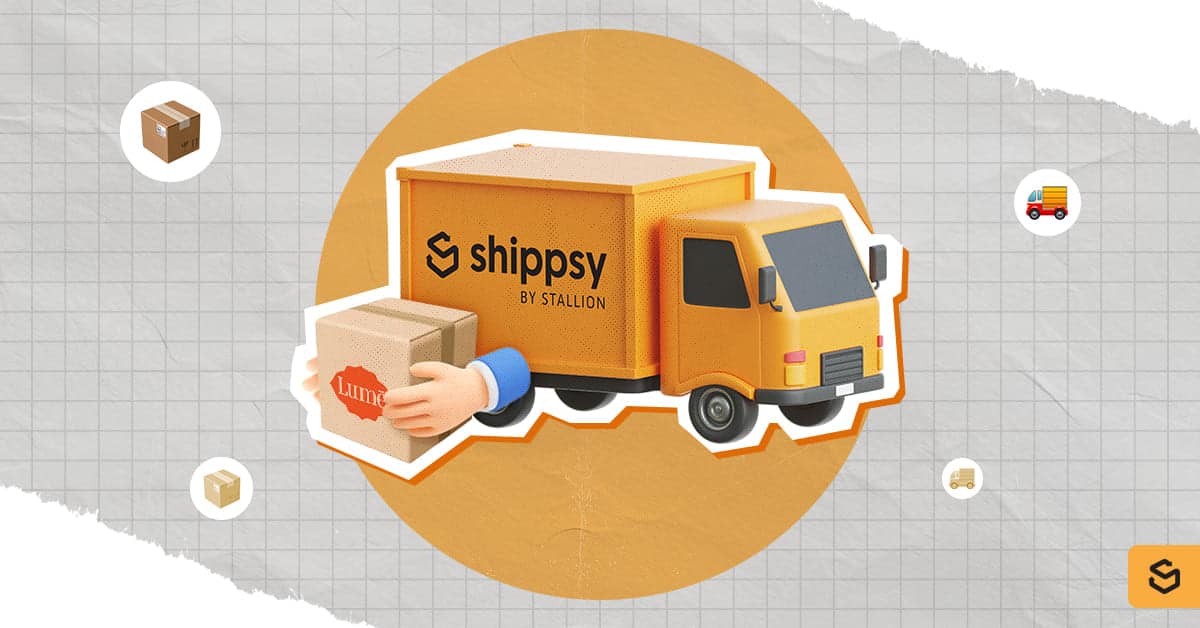 A Shippsy truck and hands holding a Lume package