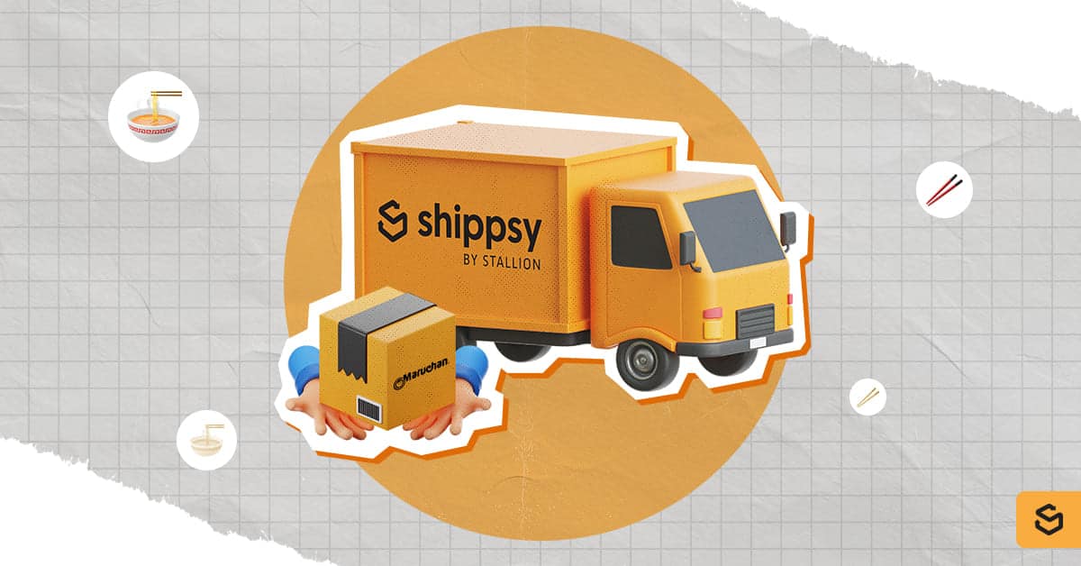 A Shippsy truck and hands holding a Maruchan package
